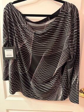 Norma Kamali Black & White Draped Cowl Neck Long Sleeve Top